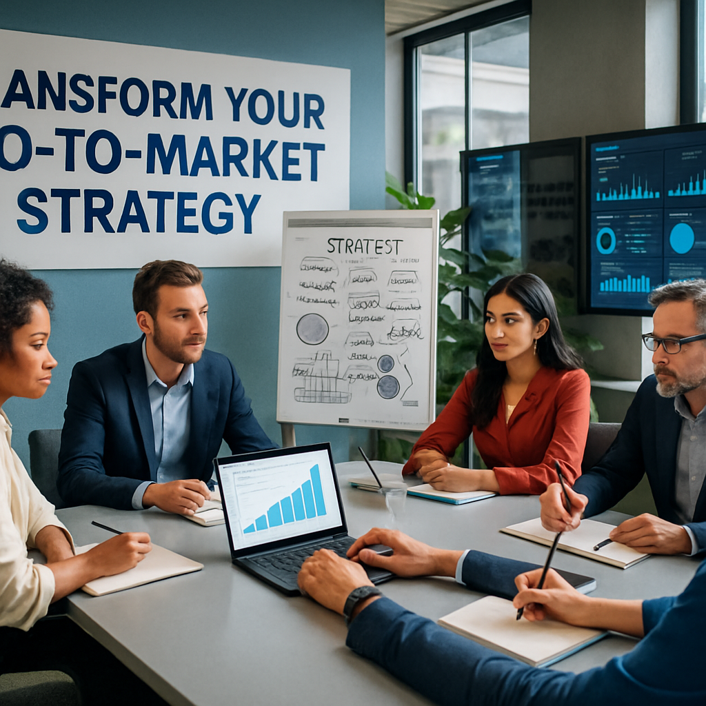 A modern office setting with a sleek conference table surrounded by diverse professionals engaged in a discussion One person is presenting on a laptop with a graph showing revenue growth while others are taking notes and looking at a whiteboard fille