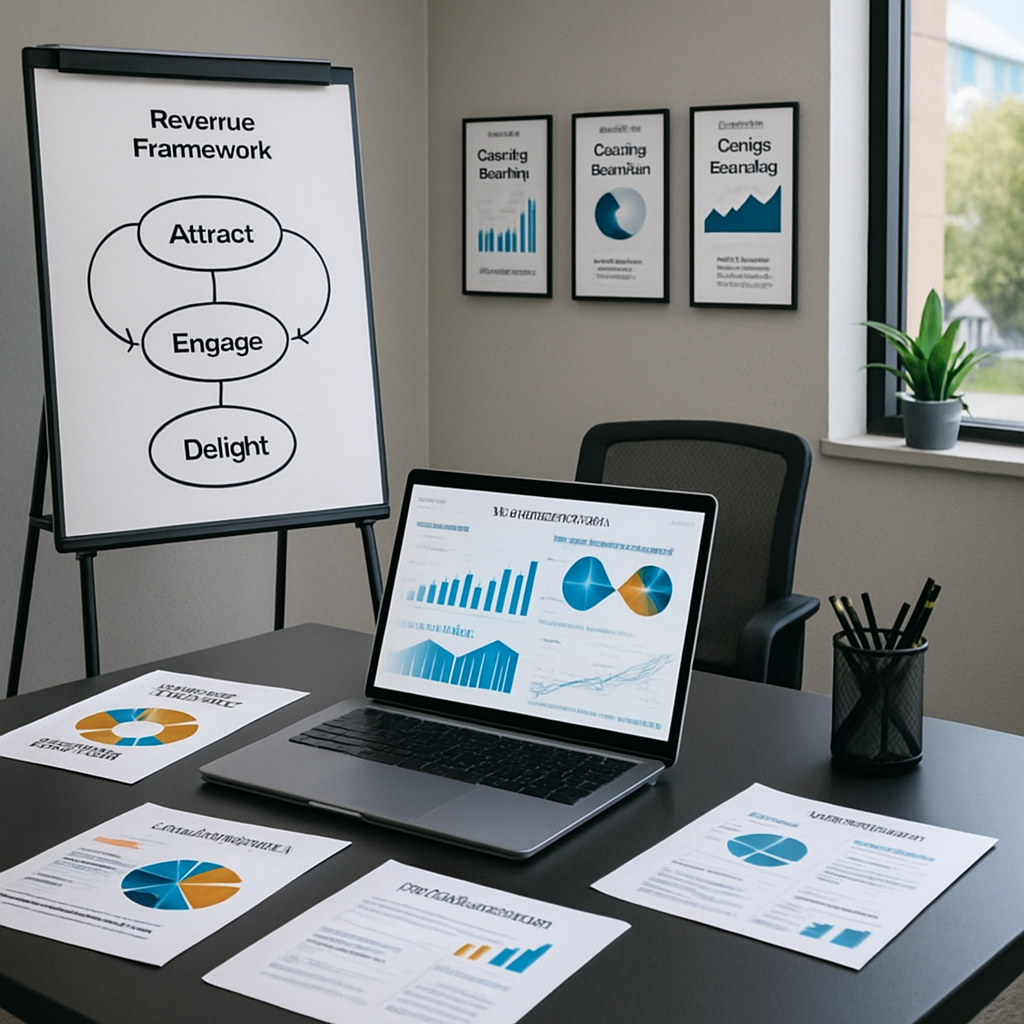 A professional office setting filled with modern technology In the foreground a sleek desk with a laptop displaying graphs and charts related to sales performance A whiteboard in the background has a flowchart illustrating a 3step revenue framework A