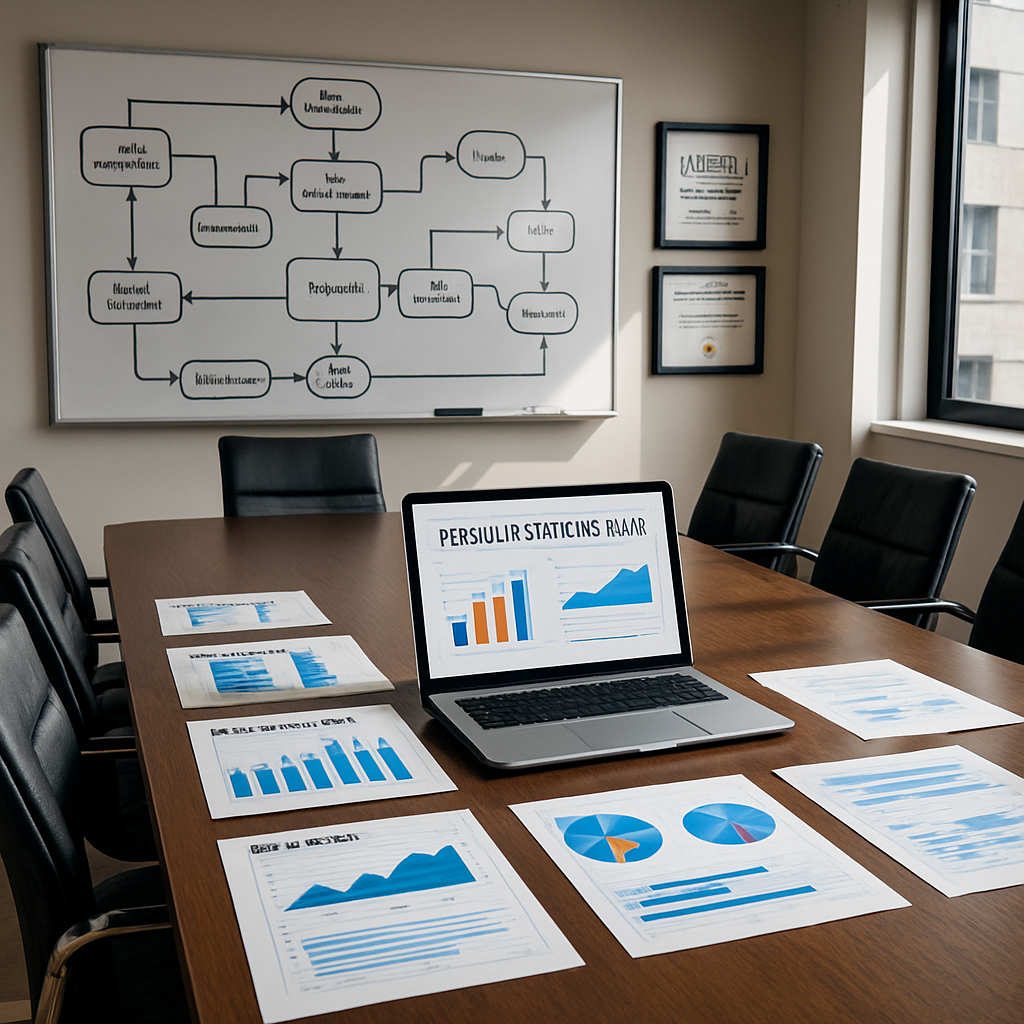 A professional office setting with a sleek conference room table surrounded by modern chairs On the table there are charts and reports displaying data analytics related to marketing and sales performance A laptop is open showing a revenue systems aud