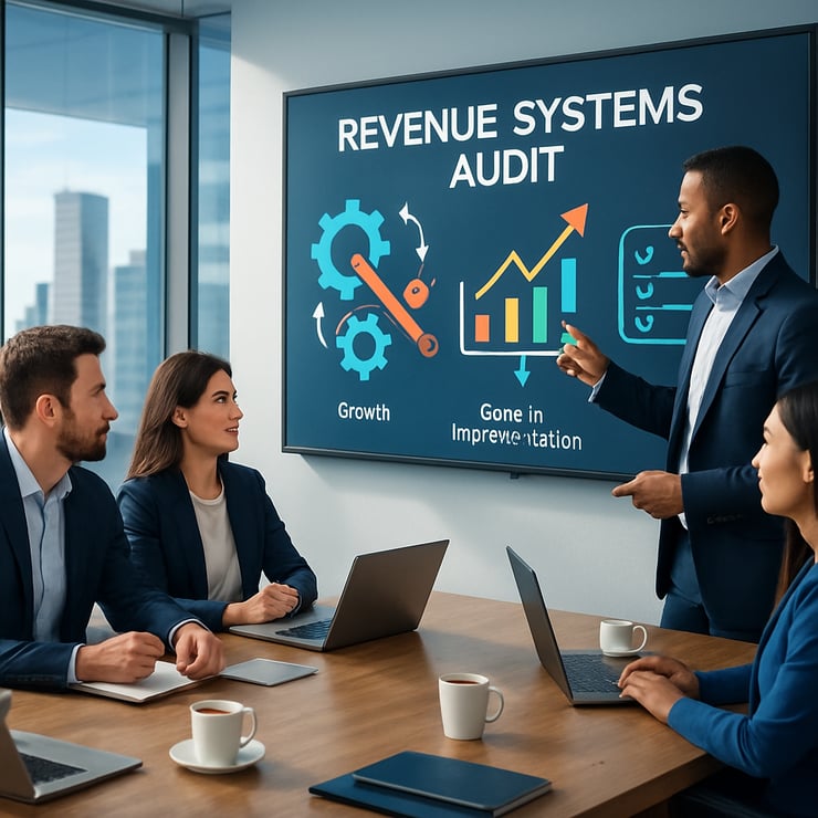 A sleek modern office environment with a conference table at the center surrounded by professionals engaged in a discussion One individual points to a large digital screen displaying a colorful infographic titled Revenue Systems Audit The screen show